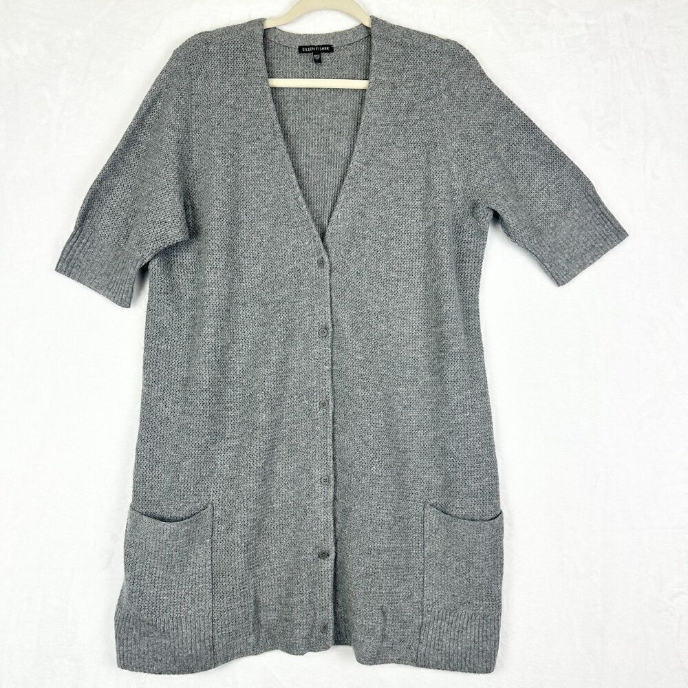 Eileen Fisher Wool Angora Cashmere Blend Cardigan Size Large Short Sleeve Gray